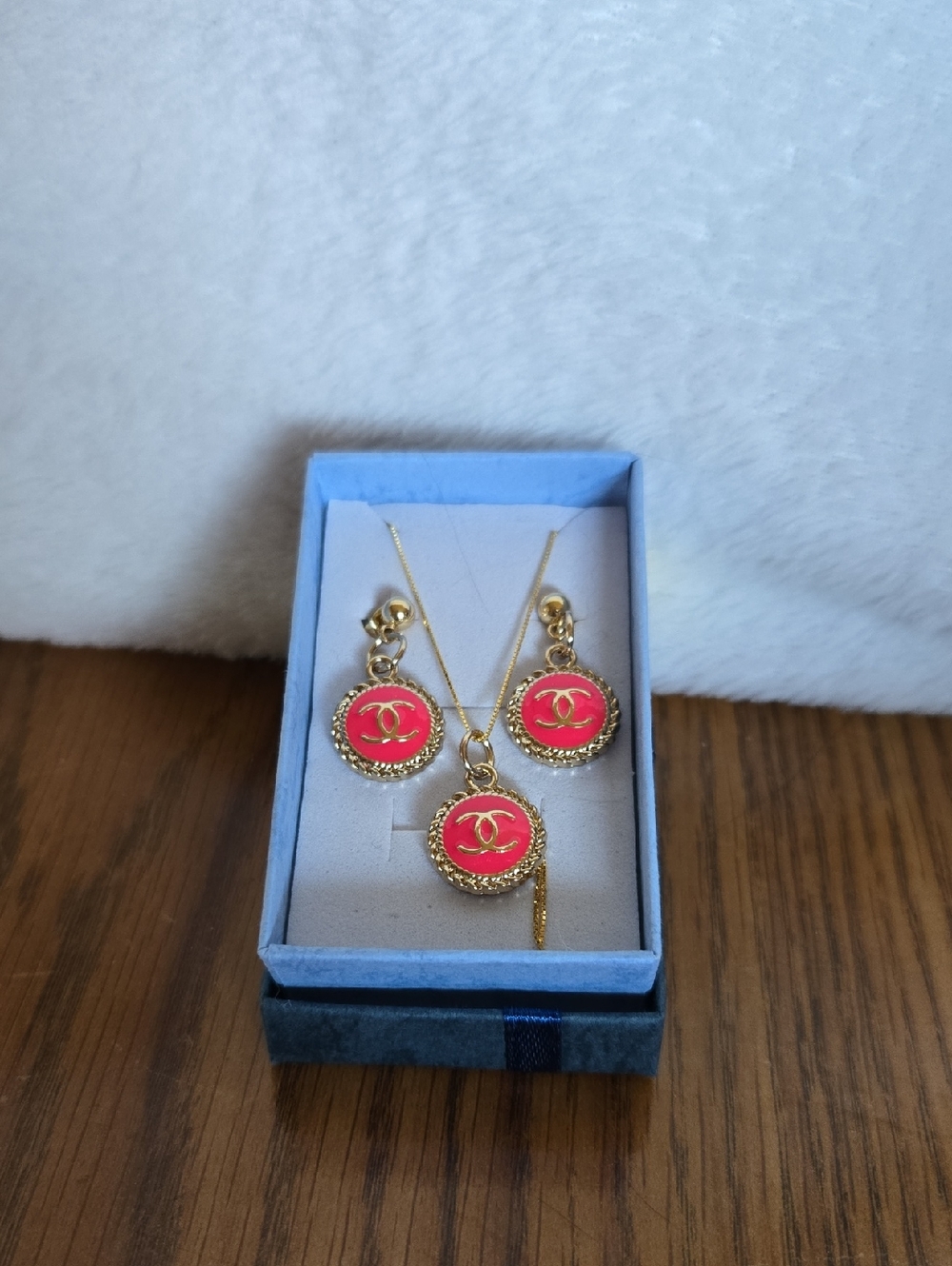 NWOT Pink Pendant Necklace & Earrings Set With CC Logo- Upcycled